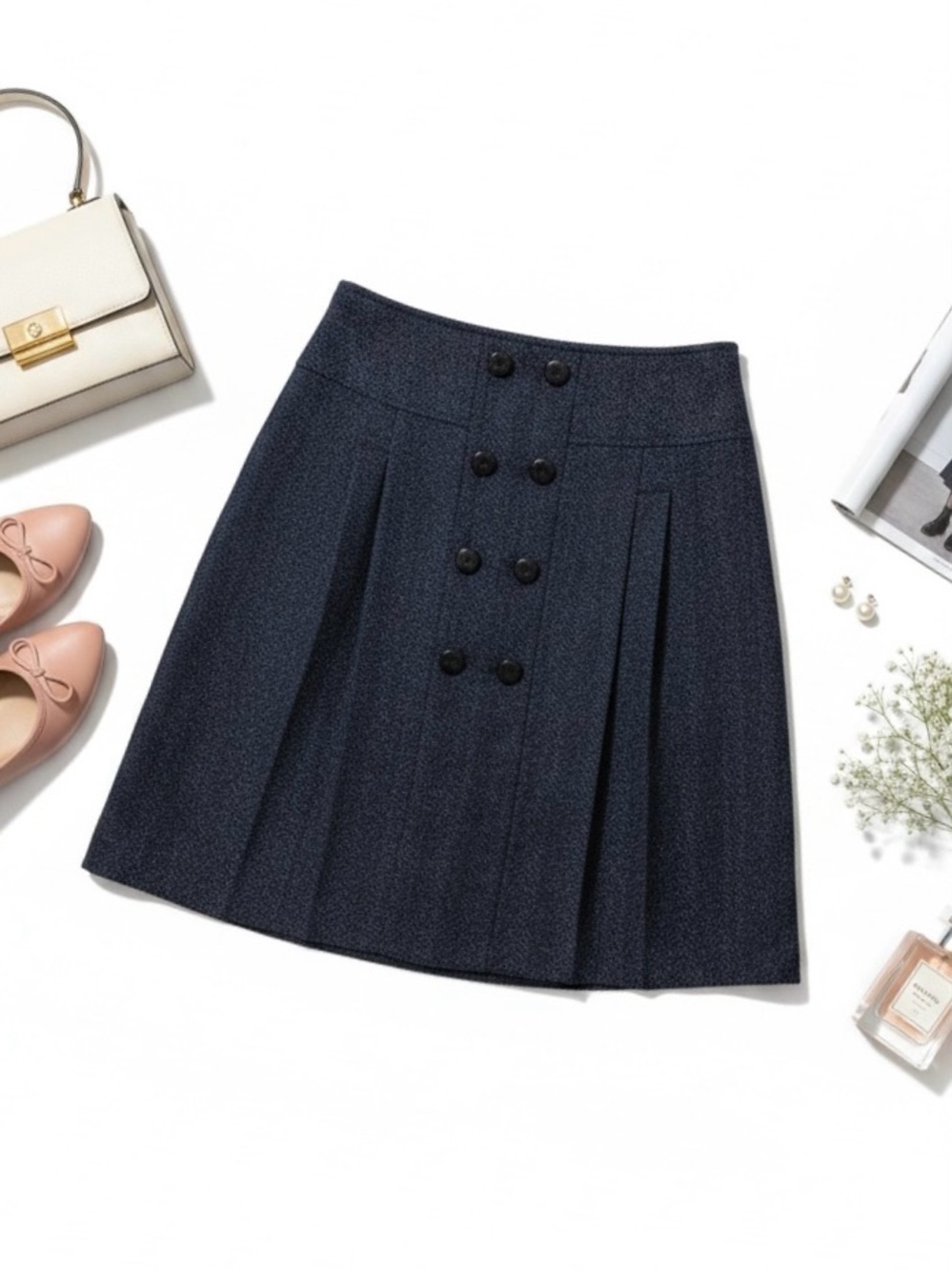Zara Herringbone Wool Blend Button Front Pocket Pencil Skirt Charcoal Black M